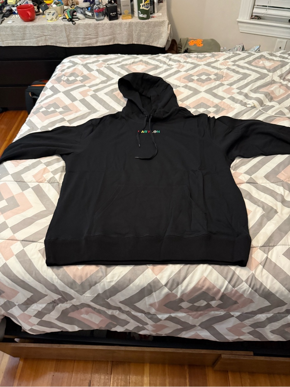 Babylon Mens Black Hooded Pullover Sweatshirt with Small Multicolor Logo